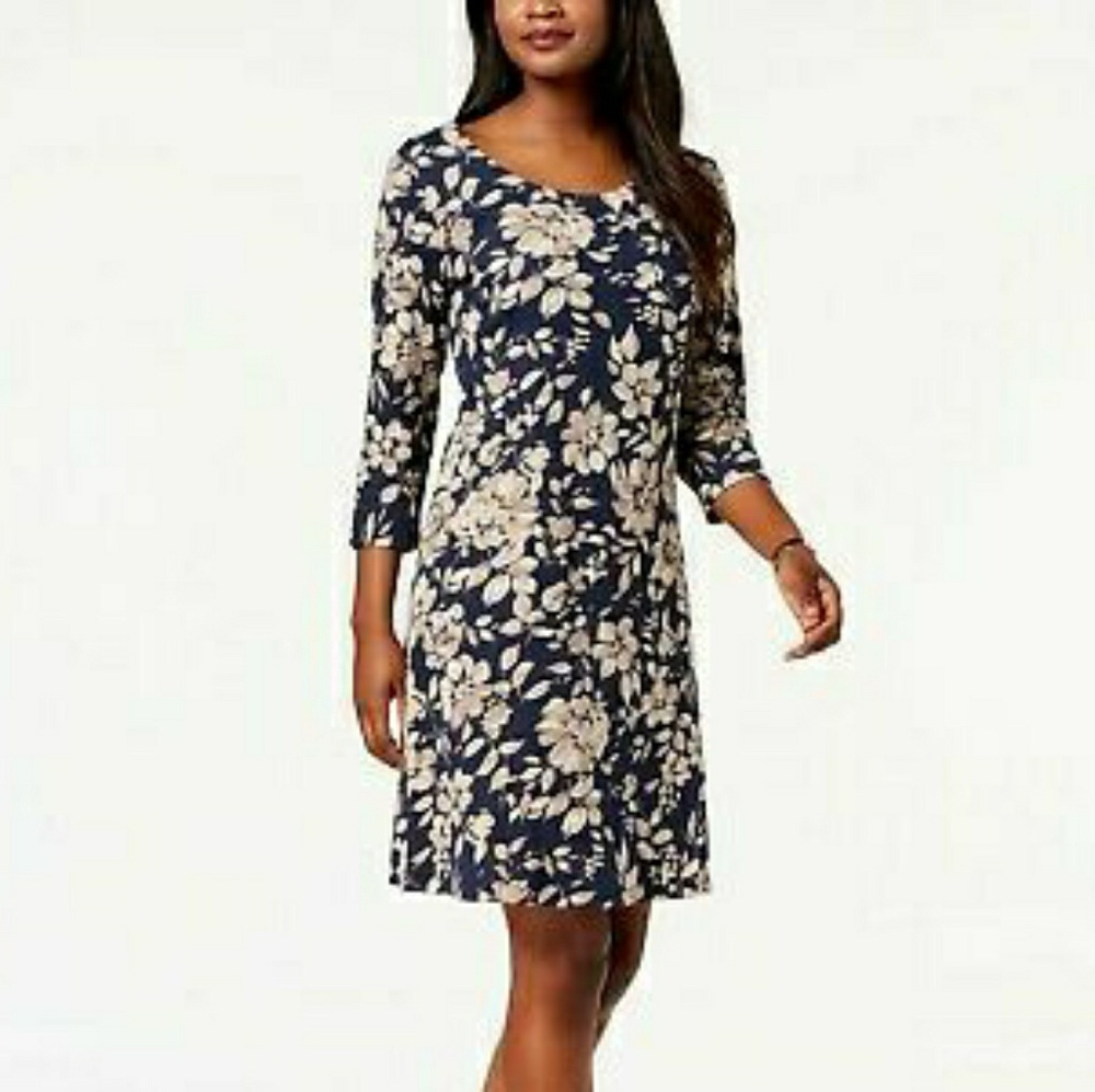 Karen Scott Navy Blue and Cream Floral A-Line Dress